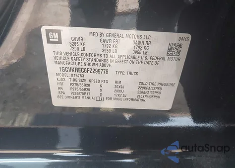 2015 Chevrolet Silverado 1Lt z USA, uszkodzony, nr VIN 1GCVKREC6FZ299778